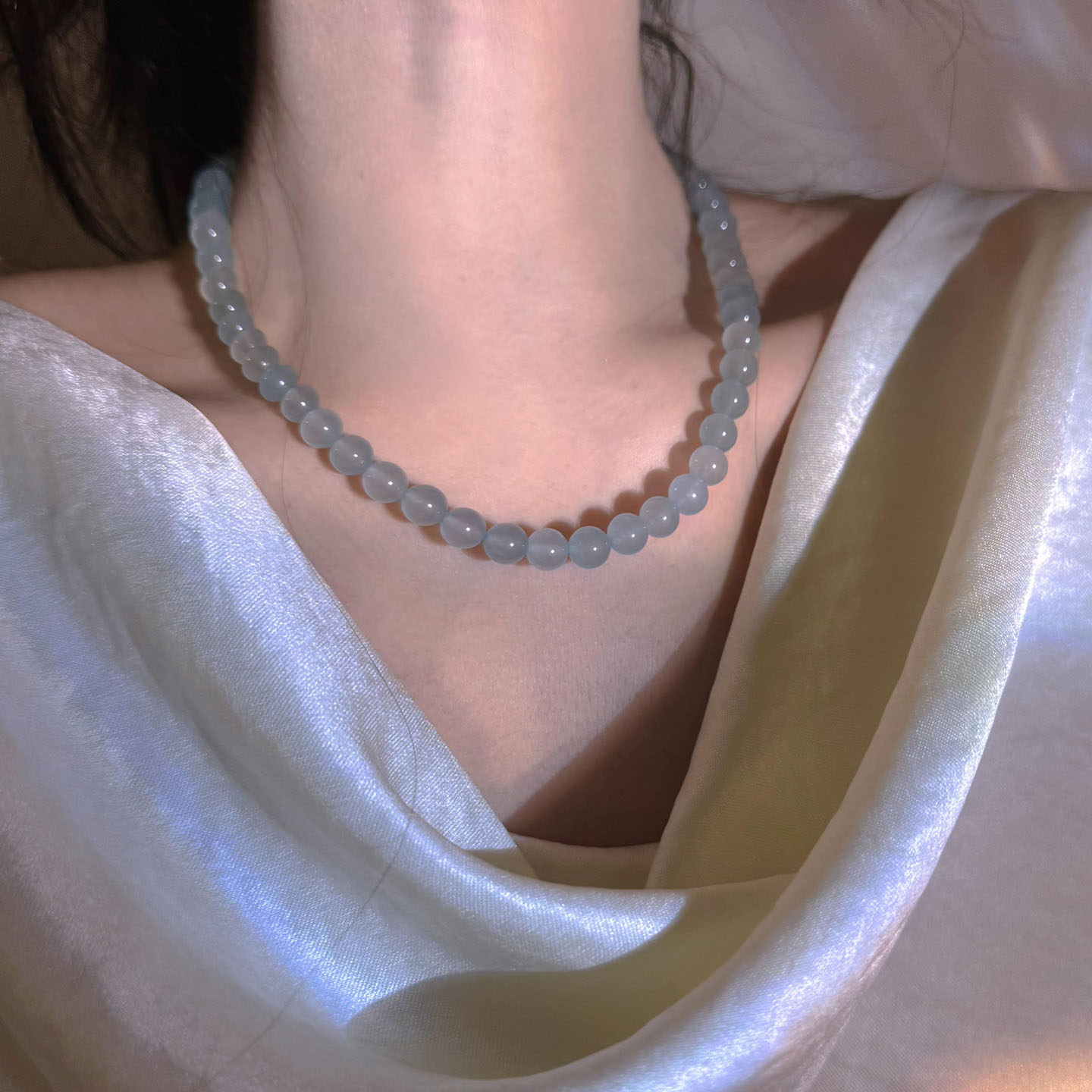 冰润~蓝玉髓短款气质水晶项链锁骨链女高级小众优雅圆珠串珠颈链