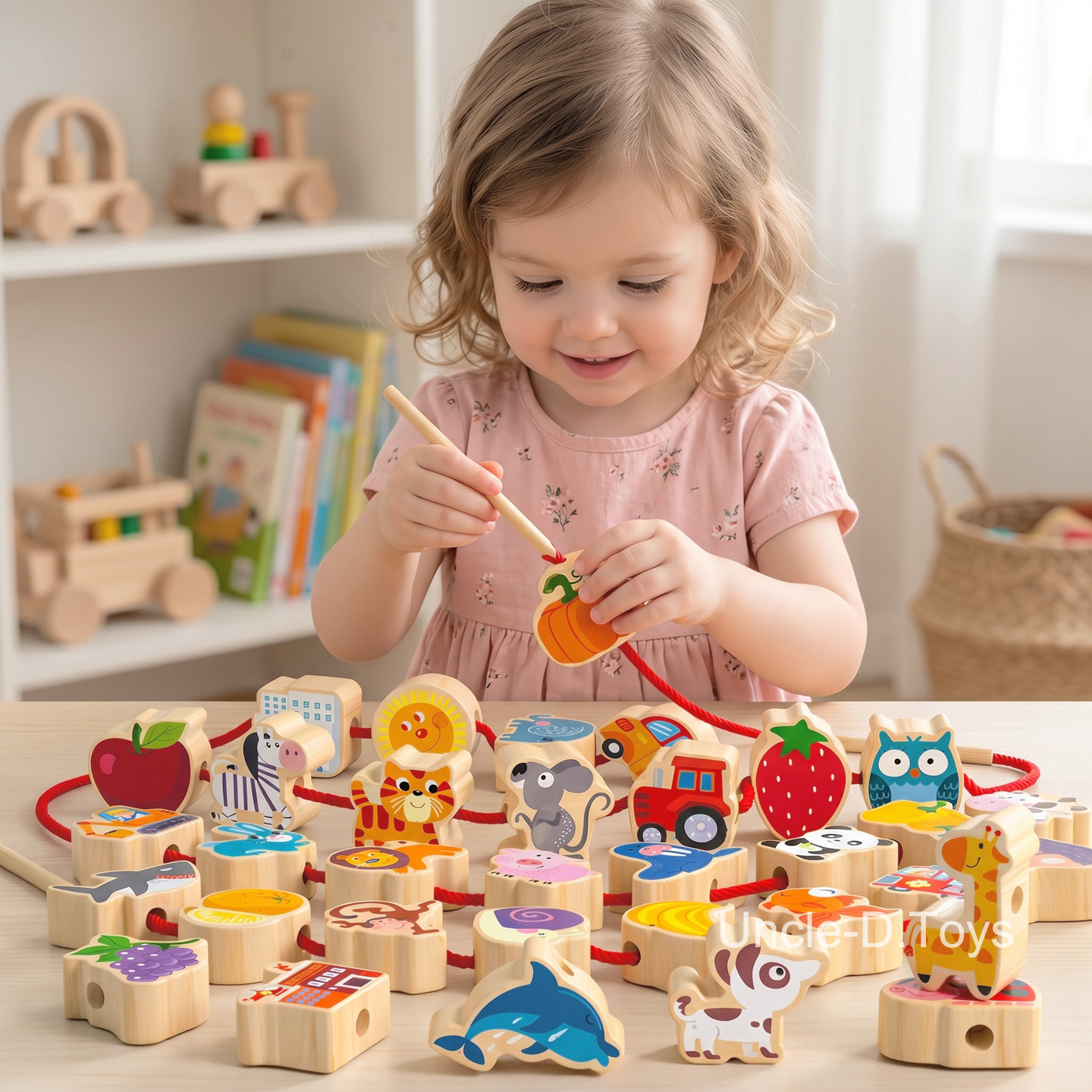 木制大颗粒实木串珠儿童玩具穿珠子训练宝宝蒙氏早教益智教具积木