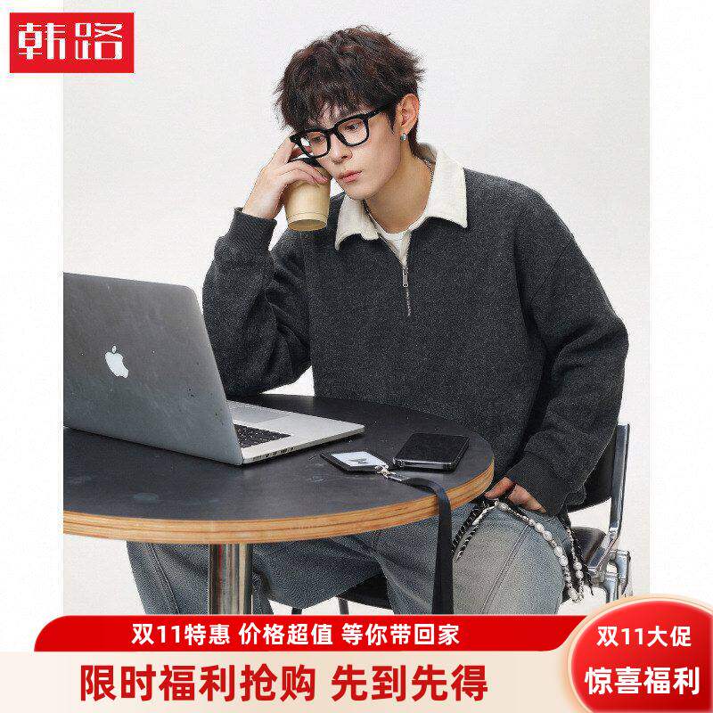 韩路老钱风复古毛呢肌理翻领