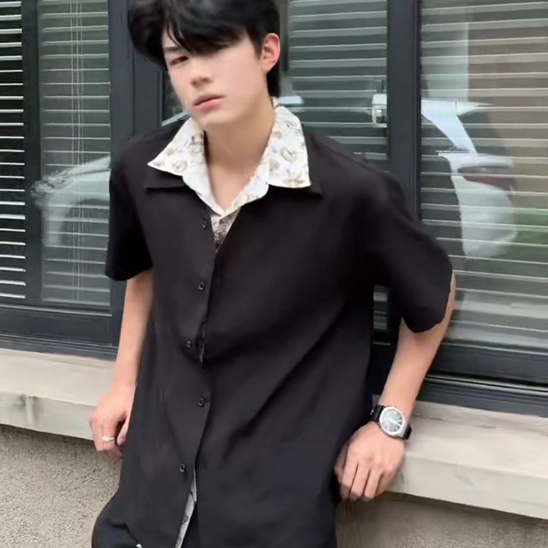 假两件花领短袖衬衫男女款夏季cleanfit一片领衬衣高级感情侣半袖