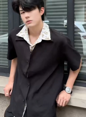 假两件花领短袖衬衫男女款夏季cleanfit一片领衬衣高级感情侣半袖