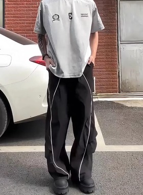 美式复古反光条设计感休闲运动裤男女hiphop弯刀工装宽松阔腿长裤