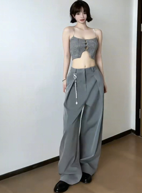 立体褶皱阔腿裤A字廓形休闲裤男女设计感宽松垂感拖地西裤长裤夏