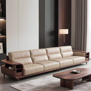 高端轻奢别墅沙发定制 胡桃木客厅直排沙发2025新款 宋式 美学新中式