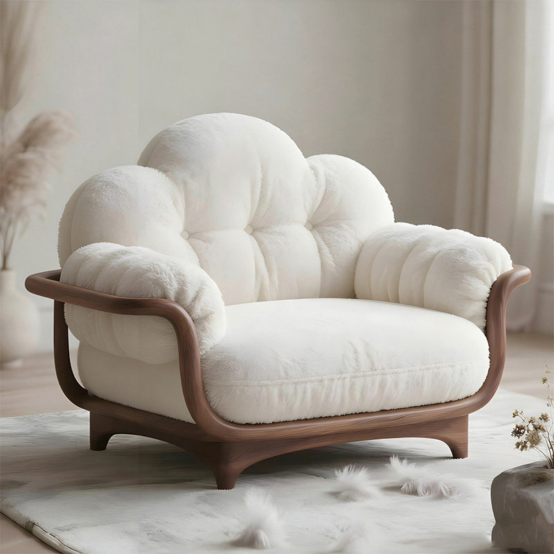 新中式胡桃木单人沙发椅实木白色休闲阳台客厅原木风懒人沙发椅