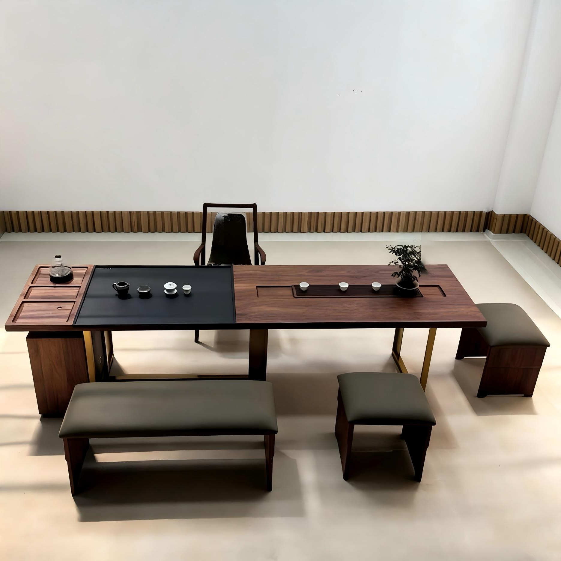 新中式极简实木茶桌现代简约北美黑胡桃木办公室轻奢高级感泡茶台