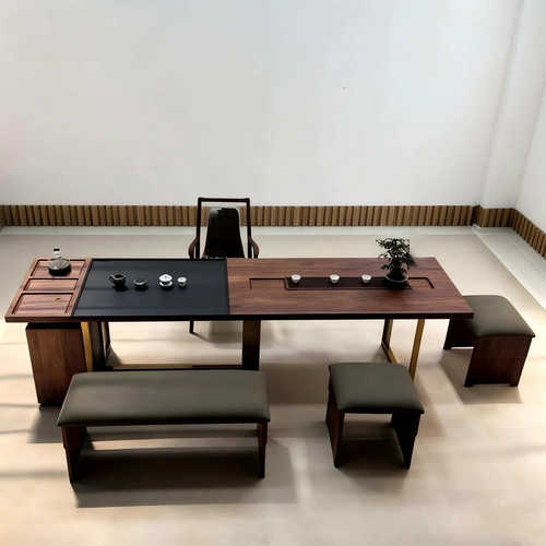 新中式极简实木茶桌现代简约北美黑胡桃木办公室轻奢高级感泡茶台