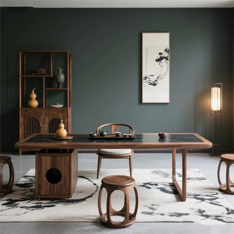 新中式实木茶桌北美黑胡桃木新款轻奢高级感岩板泡茶台禅意茶桌