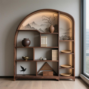 宋式美学新中式实木博古架北美黑胡桃木拱形书架书房禅意茶柜书柜
