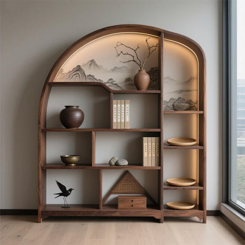 宋式美学新中式实木博古架北美黑胡桃木拱形书架书房禅意茶柜书柜