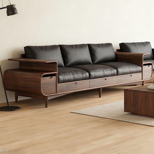 宋式 实木沙发直排小户型客厅家用头层牛皮黑胡桃木沙发 美学新中式