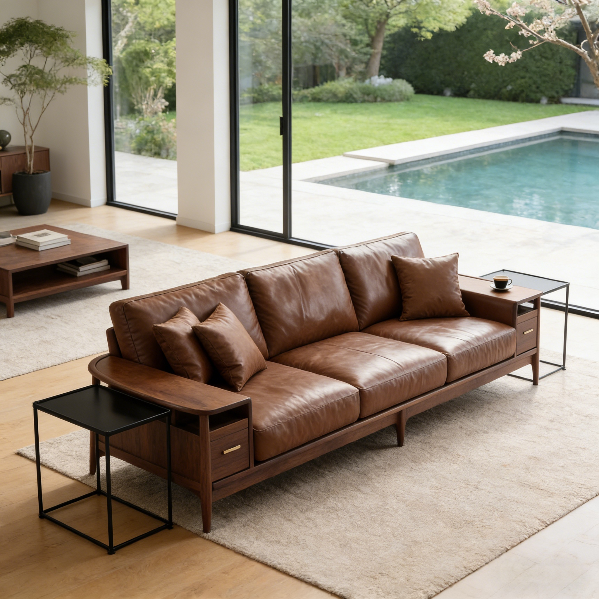 新中式胡桃木简约高端真皮沙发三人位客厅储物实木沙发东方美学