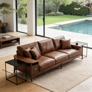 新中式胡桃木简约高端真皮沙发三人位客厅储物实木沙发东方美学