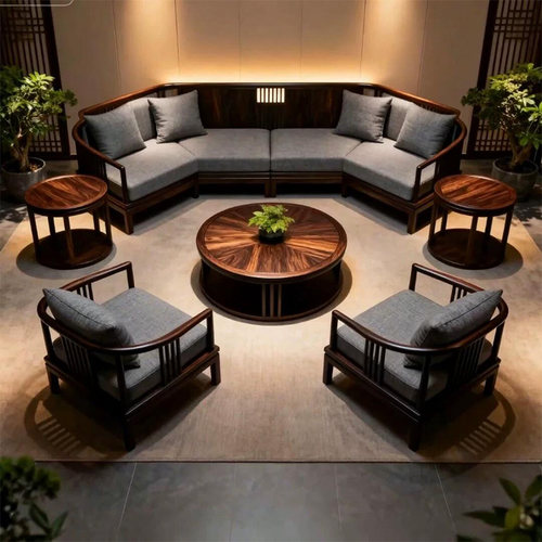 宋氏新中式实木沙发2025新款高端别墅大平层客厅黑胡桃木组合套装