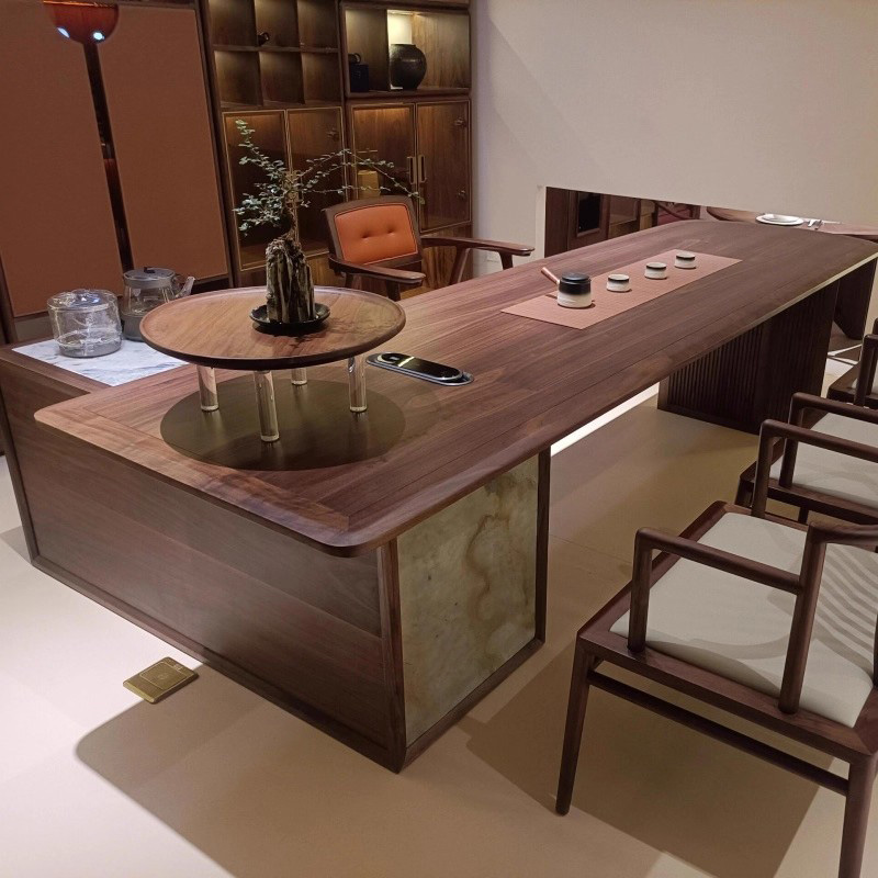 新中式实木茶桌北美黑胡桃木2025新款高端轻奢高级感岩板泡茶台