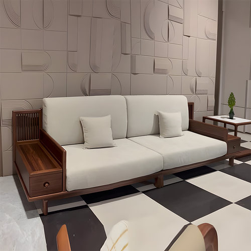 新中式实木沙发2025新款现代简约三人位客厅家具胡桃木色储物沙发