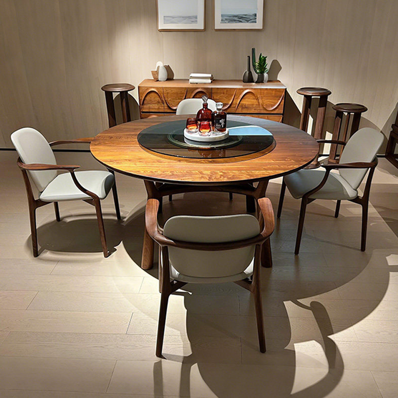 2025新款高端实木圆桌新中式家用客厅餐桌北美黑胡桃木带转盘餐桌