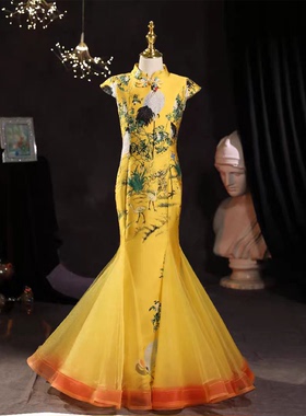 高端时尚女童礼服黄色旗袍鱼尾裙主持人走秀比赛舞台表演生日宴会