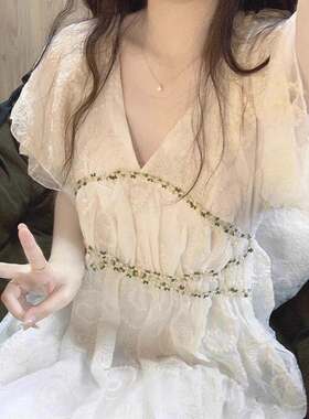 欧洲站2024夏季高级感别致绝美超仙长裙子显瘦v领白色蕾丝连衣裙