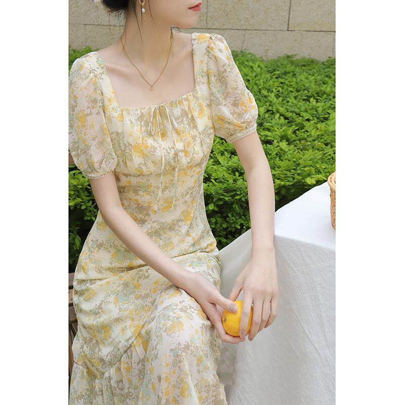 欧洲站夏季女装2024新款法式高级感初恋温柔收腰雪纺碎花连衣裙子