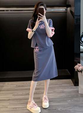 欧洲站2024休闲时尚套装女夏新款设计感短袖运动风半身裙两件套潮