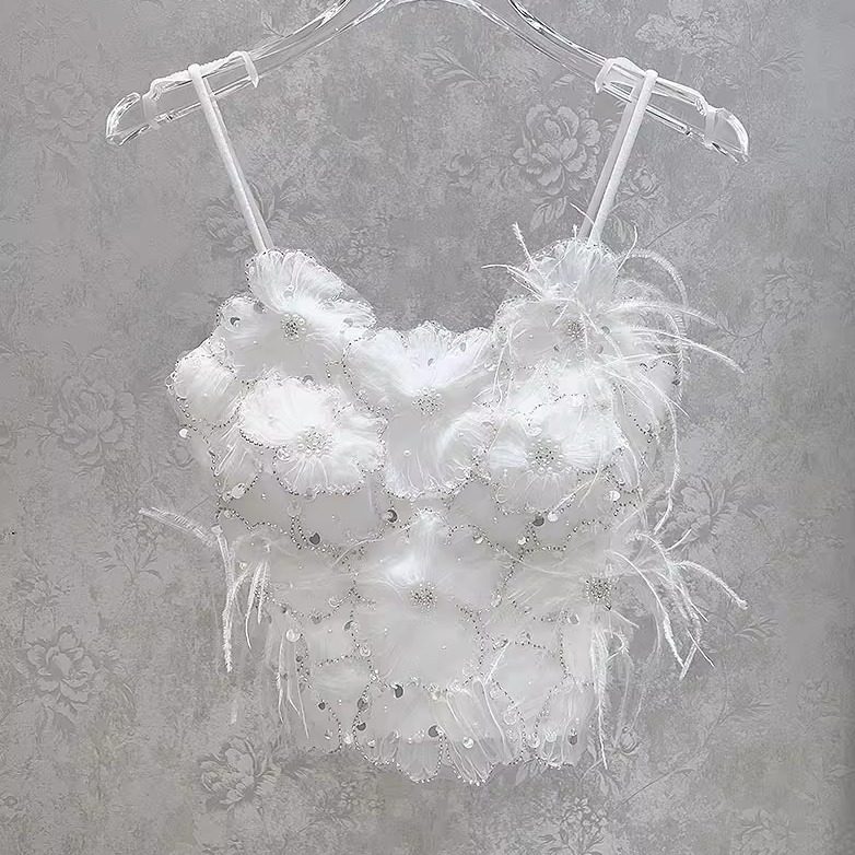 吊带抹胸女2025夏新款原创设计师款重工钉珠蕾丝花朵无痕内搭上衣,女装/女士精品,背心吊带,淘宝优惠券,粉丝福利购,淘宝优惠卷