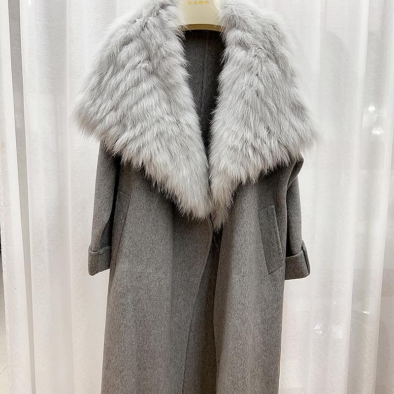 毛呢外套女2024秋冬新款高品质手工编织狐狸毛领双面呢羊毛大衣
