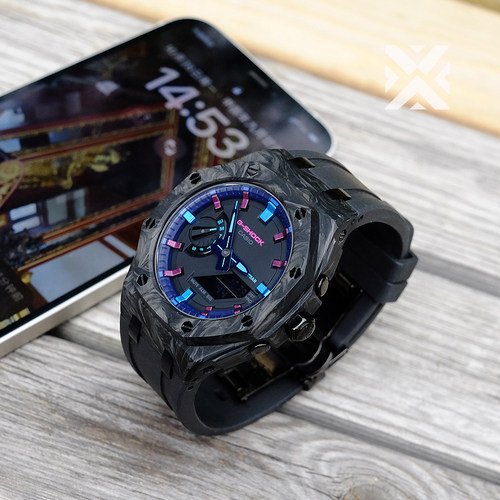 2026新款ga2100改装配件农家橡树成品表碳纤维壳蓝紫赛博盘蓝宝石