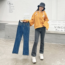 韩国howluk松紧腰加绒微喇叭牛仔裤女冬季新款修身显瘦长裤