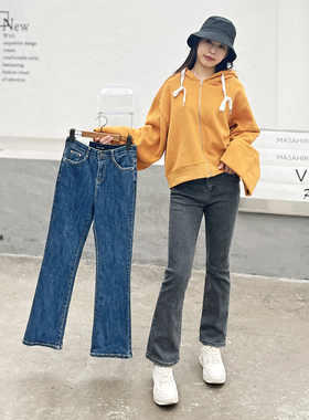 韩国howluk松紧腰加绒微喇叭牛仔裤女冬季新款修身显瘦长裤