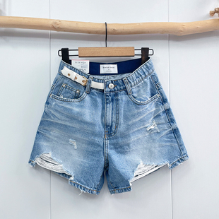 韩国howluk破洞牛仔短裤毛边隐形松紧腰宽松阔腿三分牛仔裤夏季
