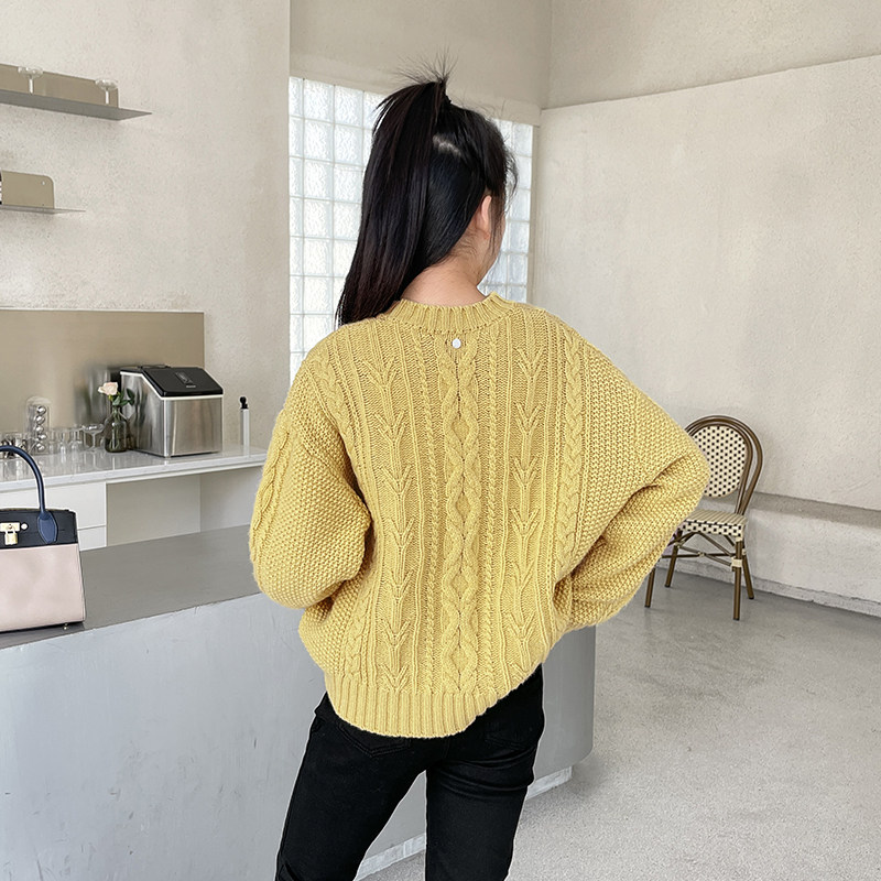 全羊毛衫女厚实软糯毛衣黄色冬季新款韩版套头圆领宽松针织衫