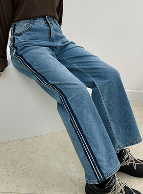 韩国howluk宽松高腰大直筒牛仔裤女侧边撞色秋季新款阔腿长裤