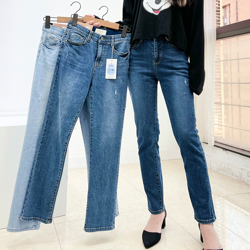 磨破百搭直筒牛仔裤显瘦弹力长裤