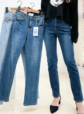 韩国东大门howluk磨破百搭直筒牛仔裤女春季新款宽松显瘦长裤