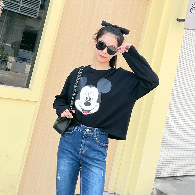 韩国东大门女装黑色圆领长袖套头上衣春夏新款宽松百搭T恤衫