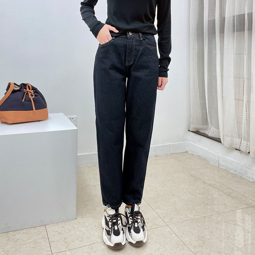 高腰冬季加绒宽松老爹牛仔裤长裤