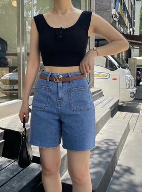 韩国howluk高腰松紧腰弹力裤兜设计薄款四分牛仔短裤女年夏季