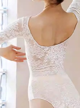 芭蕾舞蹈练功服形体服圆领长袖成人丝绒烧花体操服连体紧身衣白色