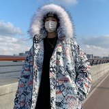 冬新款设计宽松印花图案连帽毛领中长款中性棉衣M2023，男装棉衣，星座507-2（原305A）