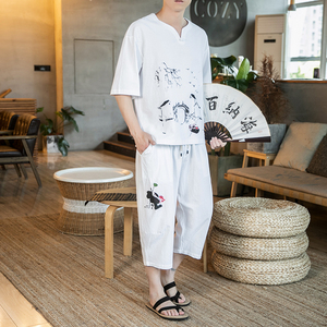 风夏装棉麻亚麻刺绣套装男两件套大码=七分裤两件套T837/图片
