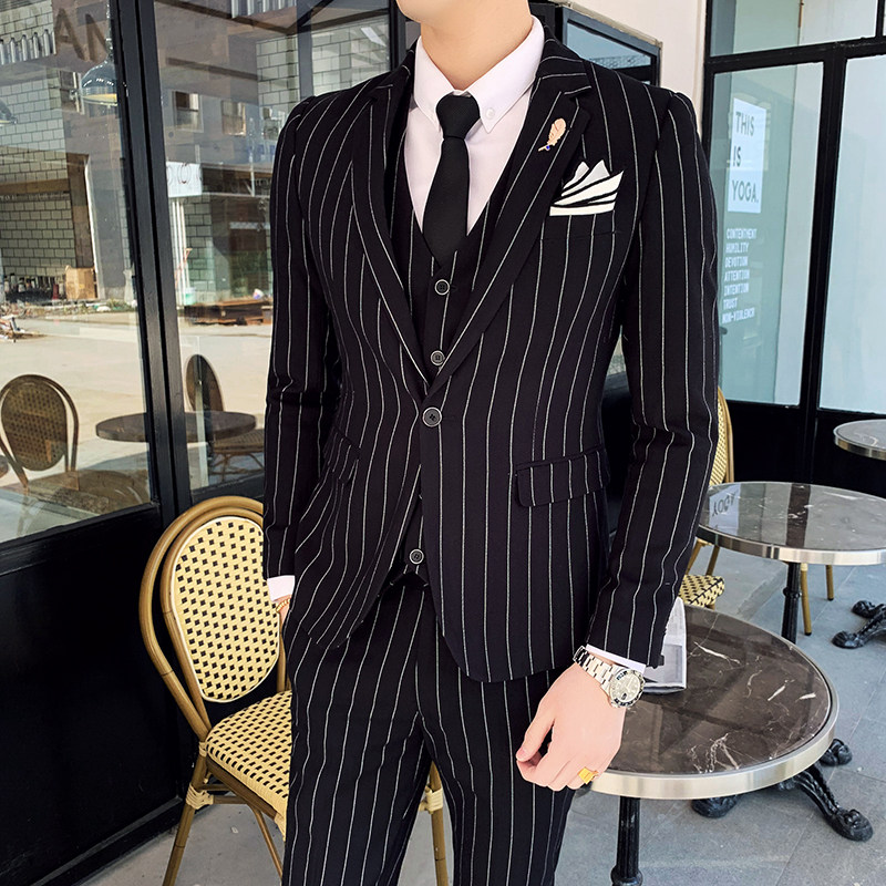 韩版青年商务修身条纹单排扣套装男新郎伴郎团礼服305A-XF20-265,男装西服套装,星座507-2（原305A）