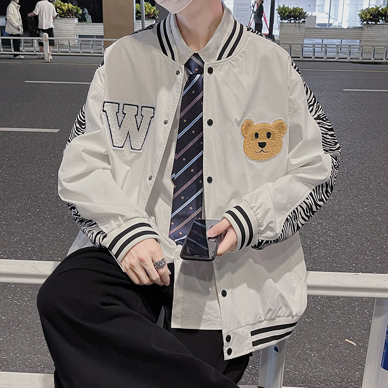 @港风秋拼接夹克宽松棒球服外套-100%聚酯纤维-J图片
