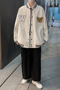 港风秋季百搭棒球服潮牌开衫立领贴标小熊风潮宽松炸街外套J图片