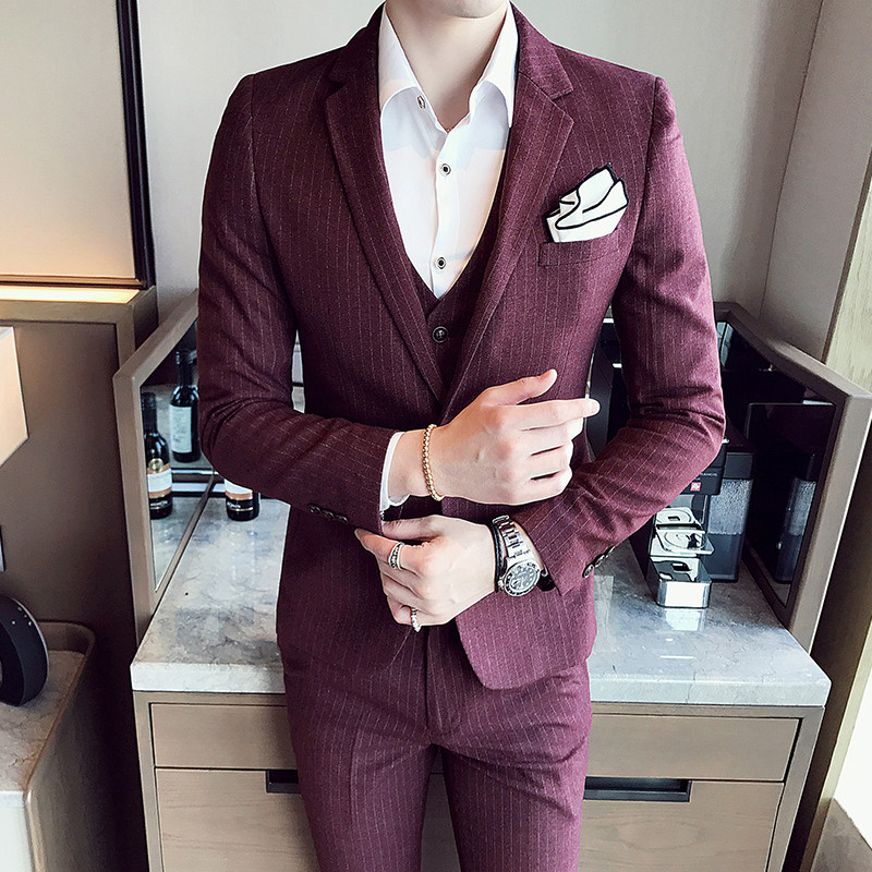 秋装新款小西装高品质西服套装结婚礼服三件套酒红色XF15/P265,男装西服套装,星座507-2（原305A）