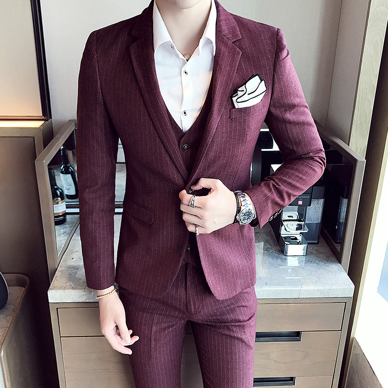 秋装新款小西装高品质西服套装结婚礼服三件套酒红色XF15/P265,男装西服套装,星座507-2（原305A）