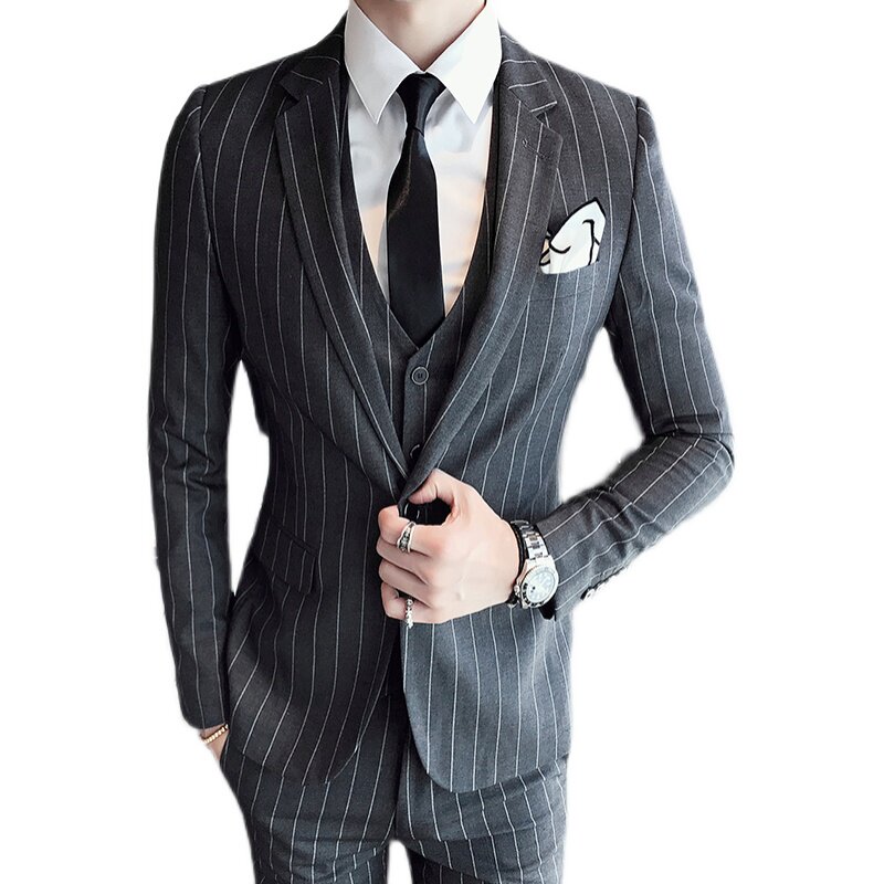 青年礼服单排扣绅士英伦潮流条纹西服套装三件套男韩XF20P265商务,男装西服套装,星座507-2（原305A）