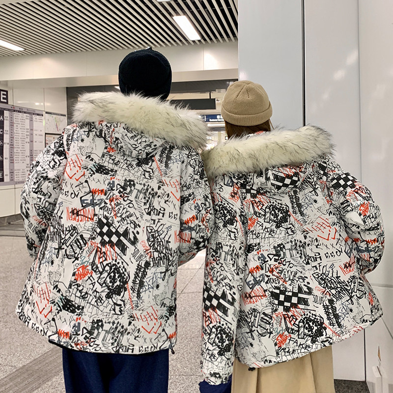 2022年宽松加厚涂鸦连帽毛领情侣棉衣男装外套305A/M2023/p135,女装棉衣/棉服,星座507-2（原305A）