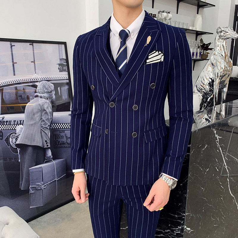 2019商务修身条纹西服三件套男韩版青年发型师正装305A-XF21-P265图片