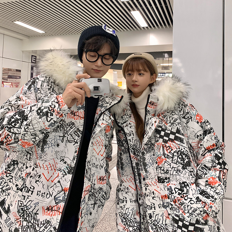 情侣装冬装 手绘毛领加厚情侣棉衣面包服连帽棉衣M2023p135图片